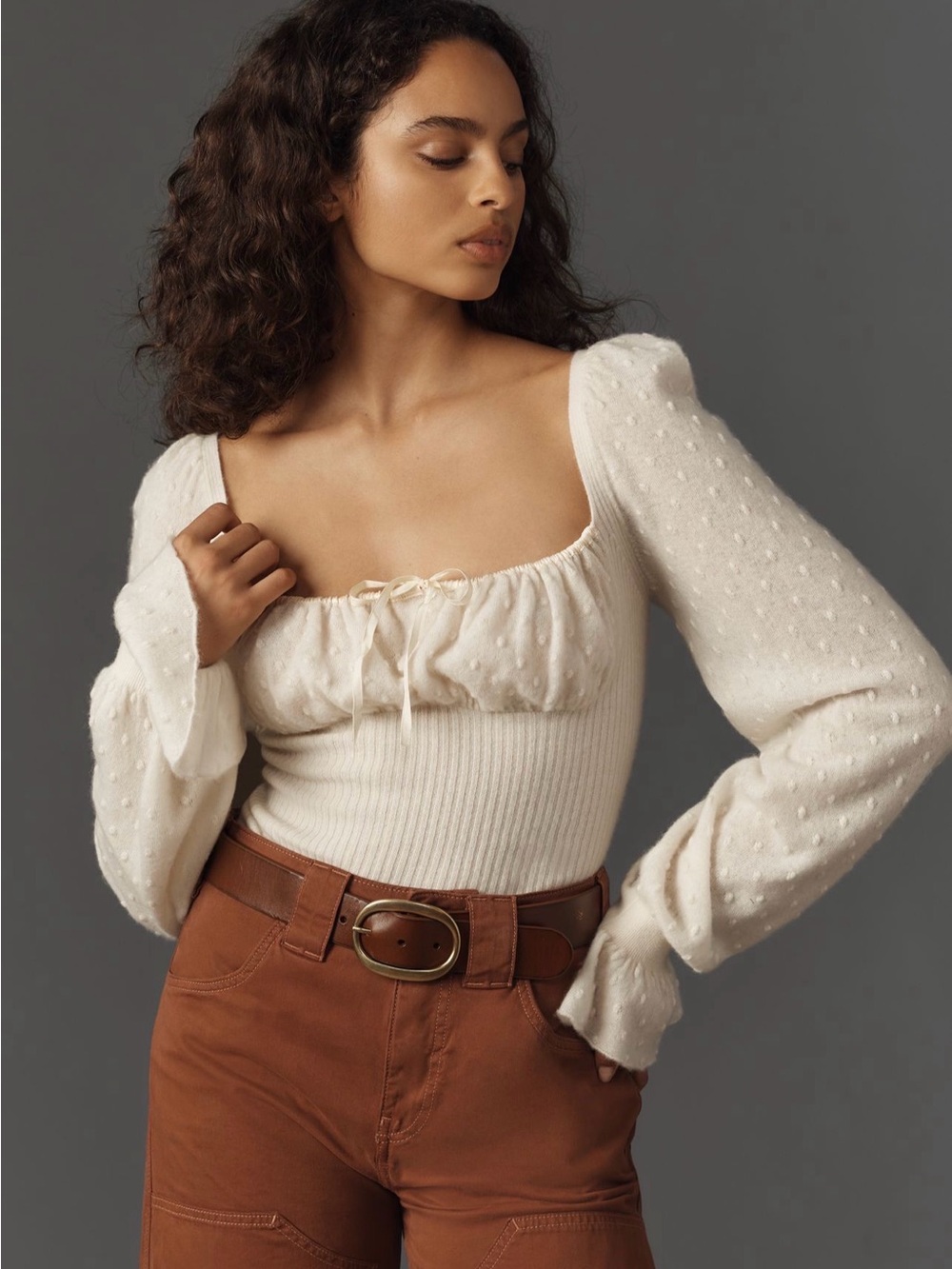 Anthropologie Ivory Puff-Sleeve Square Neck Knit Top